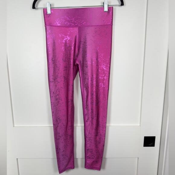 Terez Shiny Foil Workout Athleisure Mid Rise Leggings Pink Raspberry Size XS - Picture 4 of 11